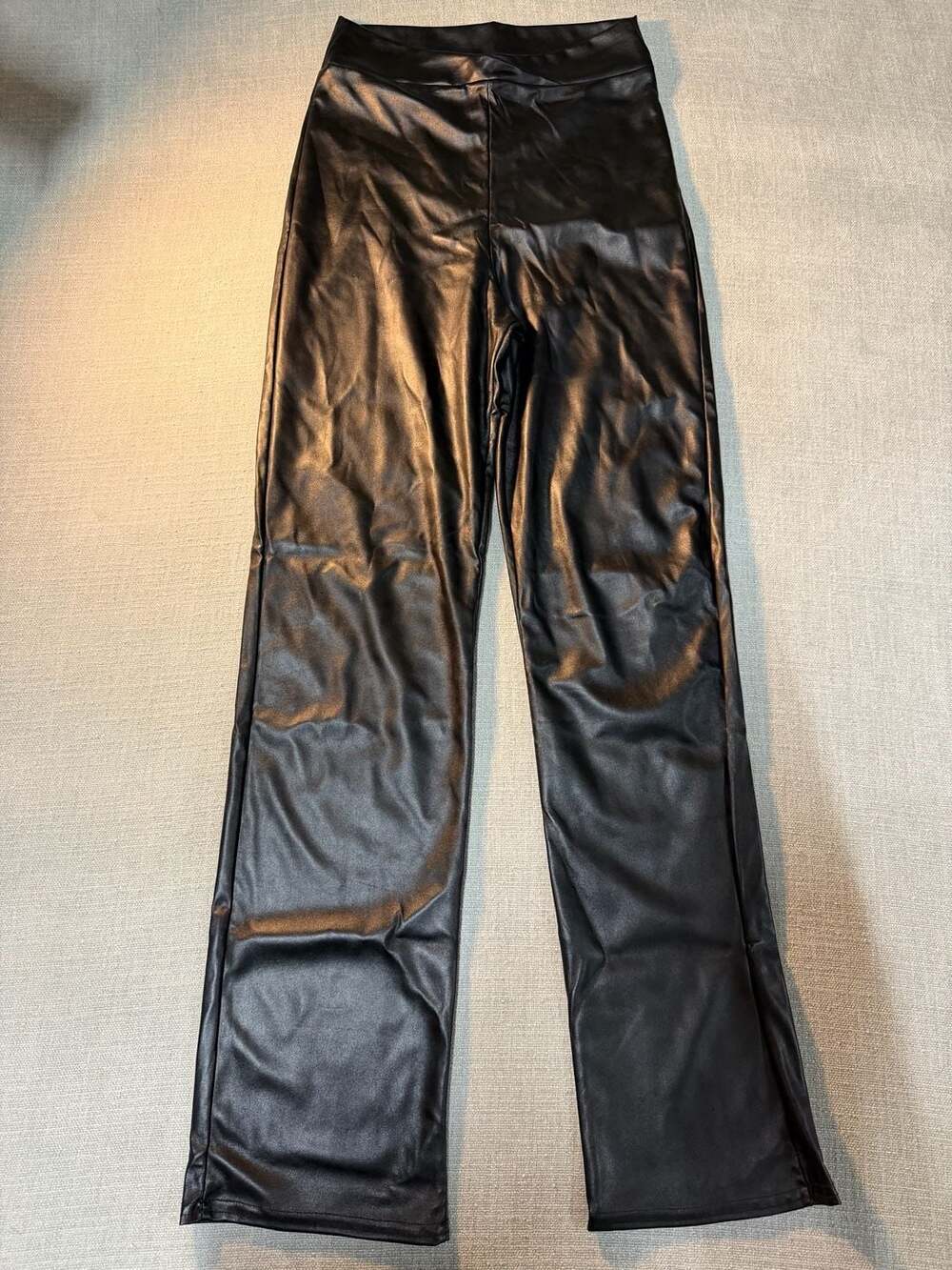 PRETTYLITTLETHING Women's Black Faux Leather Fold Waistband Trousers